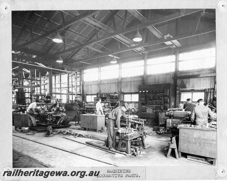 P00142
Workmen machining locomotive parts, MRWA Workshops, Midland, overall internal view 
