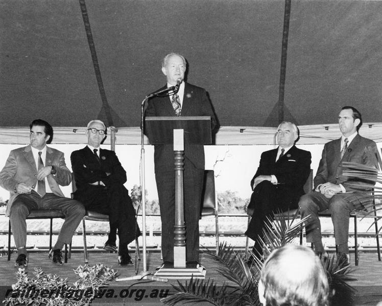 P00161
The Commissioner of Railways, Mr R. J. Pascoe speaking at the official opening of the Forrestfield Railway Complex. (ref: see the 