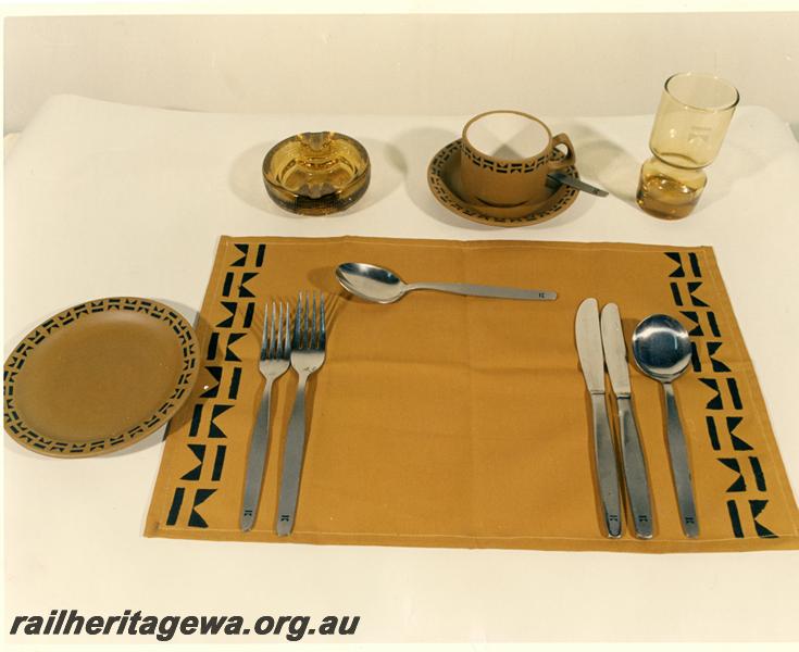P00164
Table setting showing the settings in Westrail colours and motifs
