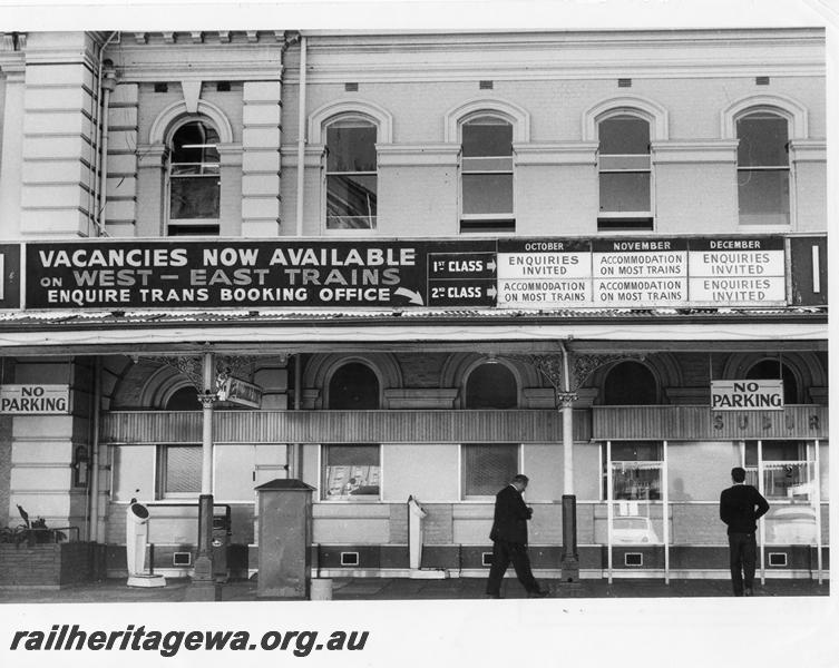 P00170
Frontage of Perth Station with hoardings advertising vacancies on interstate trains
