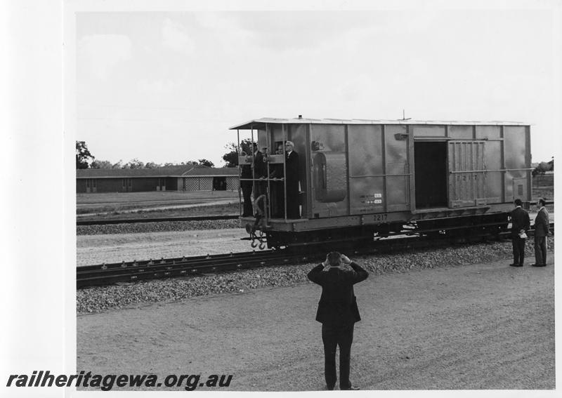 P00173
Z class 217 all steel brakevan, Minister for Railways and other dignitaries on the end platform at the opening of the Forrestfield Railway Complex. (ref: see the 