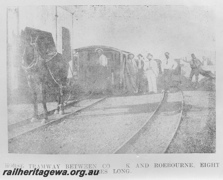 P00329
Horse drawn passenger vehicle, on the horse tramway between Cossack and Roebourne
