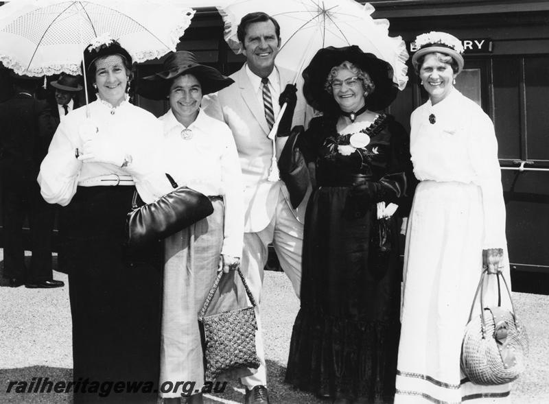 P00332
Minister for Railways Mr. R. O'Connor with Leschenault Lady passengers in period dress.
