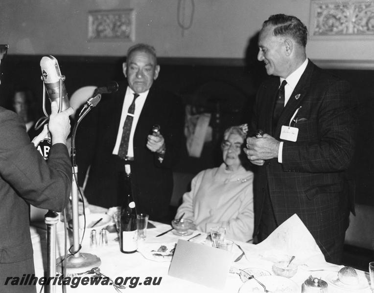 P00349
Ceremony for the opening of the Standard Gauge project, Kalgoorlie, the Premier, Mr. D. Brand making an award
