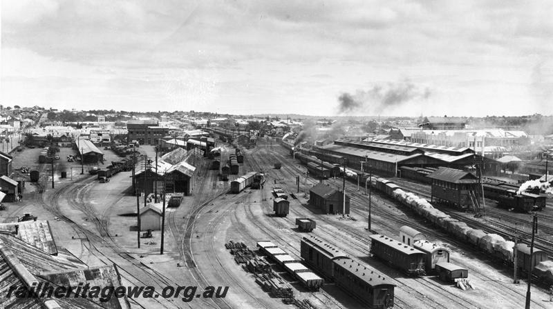 P00378
Perth Goods Yard including signal box A and carriage sheds, elevated view looking west
