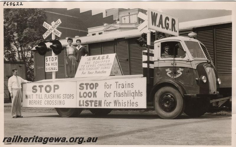 P00622
WAGR Railway Road Service truck No.4 with a safety display mounted on the tray
