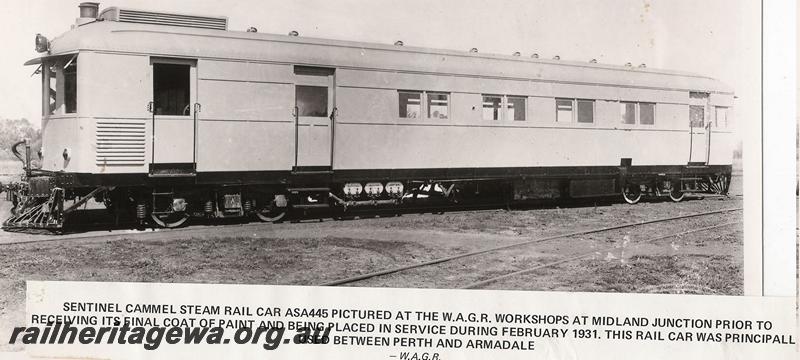 P00642
ASA class 445, steam railcar, front and side view, prior to being painted.
