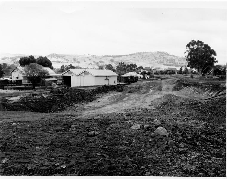 P00932
Station buildings, goods shed yard, Toodyay, looking east, Standard Gauge formation under construction

