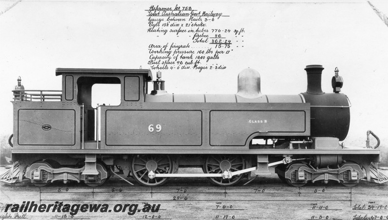 P01012
N class 69, side view, in grey and black photographic livery, builders photo, loco information on the image
