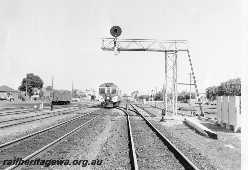 P01468
Searchlight signal on steel lattice upright and cross member, yard, Maylands station in the background, railcar set about to pass under the signal, view from the east end of the yard looking west. Same as P0901
