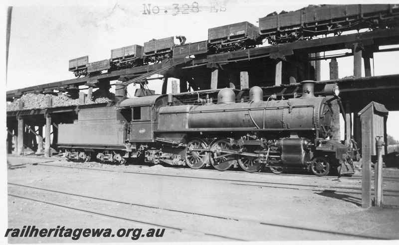 P01634
P class 446, R class wagons on the elevated coal stage, Kalgoorlie loco depot, EGR line, side and front view, c1926
