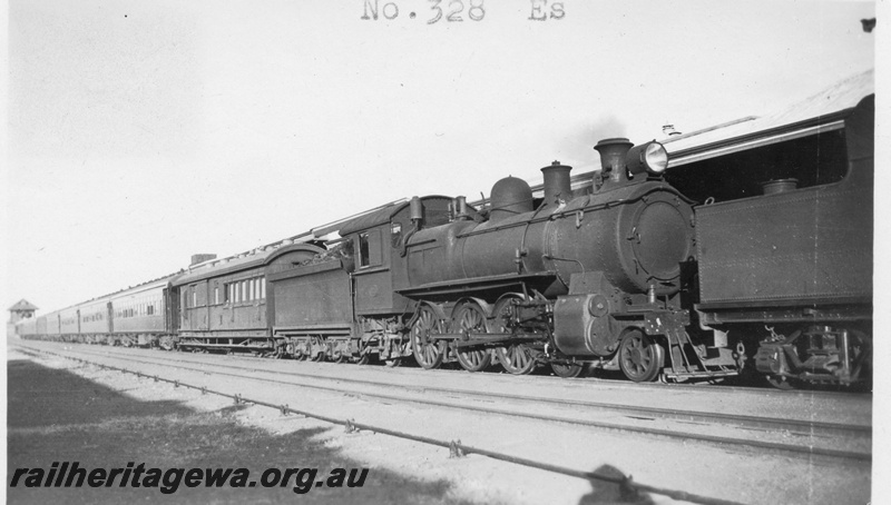 P01640
ES class 328 being double headed on a passenger train by a P class, Kalgoorlie, EGR line, side and front view, c1926
