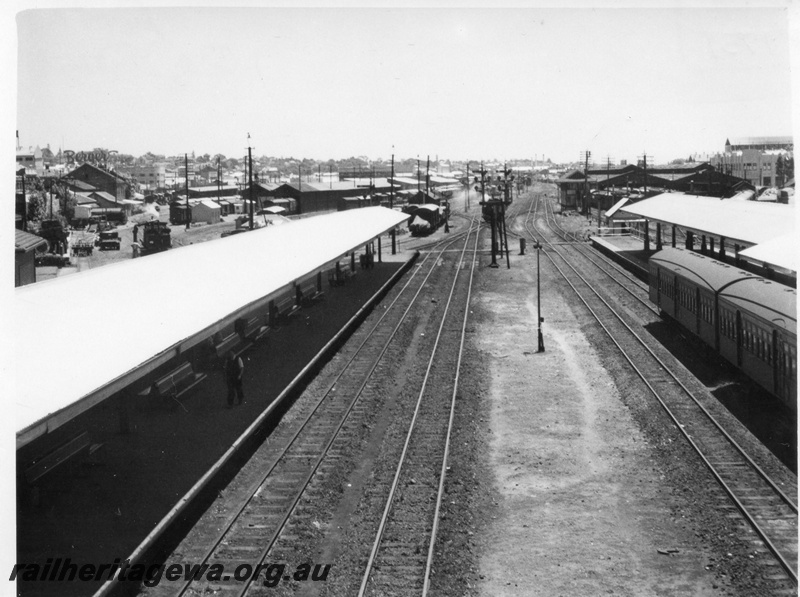 P01751
Perth station, west end, view looking west, bracket signals, signal box, covered island platforms, ER line.
