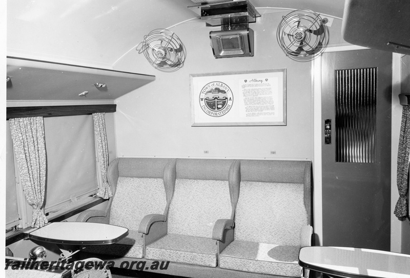 P01952
AQL class 288 buffet car (carriage), internal view showing fans, gas heater, tables, 