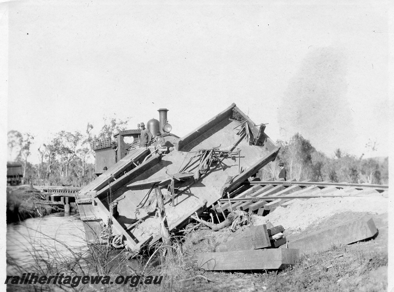 P01998
3 of 3 views of a derailment on a bridge on the Waroona to Lake Clifton railway, WL line, involving G class 48 