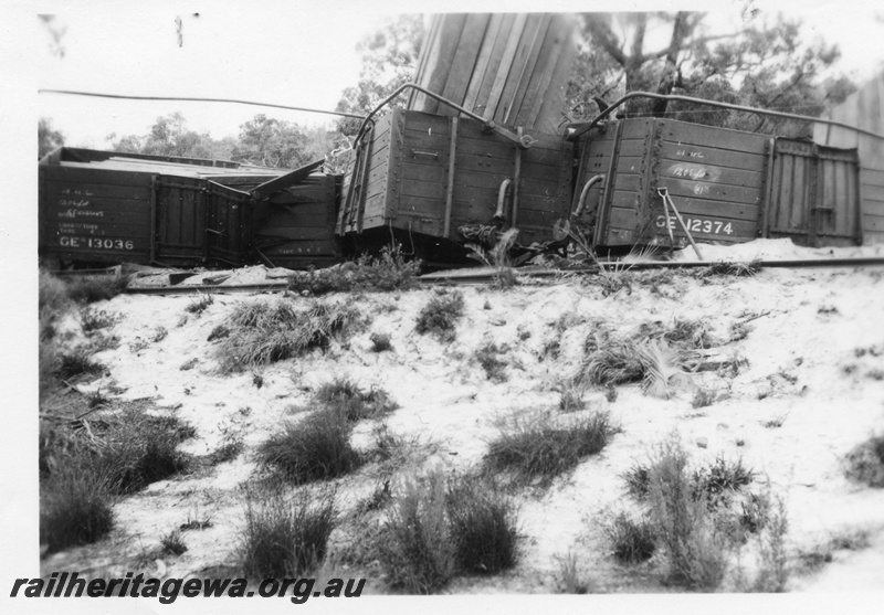 P02046
2 of 4 views of a derailment at the157-78 mile point on the Donnybrook to Katanning Railway, DK line, between Noggerup and Goonac, GER class 13036 and GE class 12374 and other wagons derailed, date of derailment 26/3/1955
