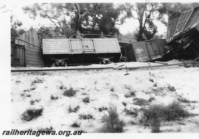 P02047
3 of 4 views of a derailment at the157-78 mile point on the Donnybrook to Katanning Railway, DK line, between Noggerup and Goonac, GER class 13282, GER class 13034 and other wagons derailed, date of derailment 26/3/1955
