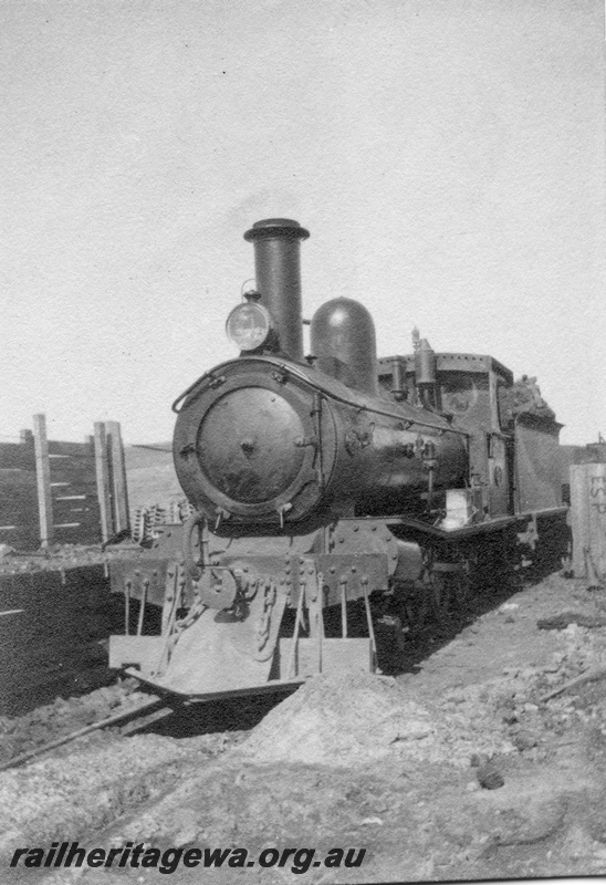 P02083
4 of 44 views of the construction of the railway at Esperance, CE line taken by Cedric Stewart, the resident WAGR engineer, G class loco, front and side view.
