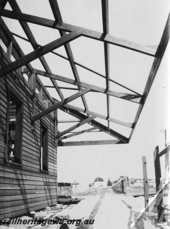 P02143
33 of 44 views of the construction of the railway at Esperance, CE line taken by Cedric Stewart, the resident WAGR engineer, station building (