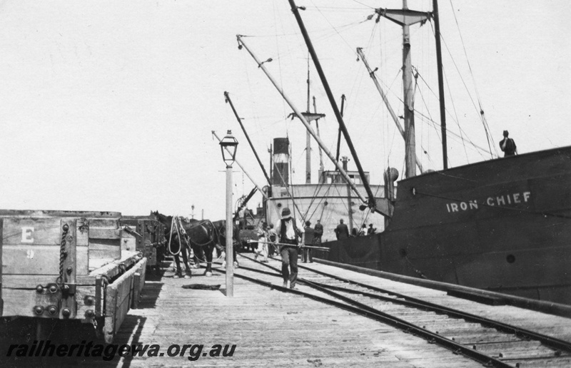 P02144
34 of 44 views of the construction of the railway at Esperance, CE line taken by Cedric Stewart, the resident WAGR engineer, H class wagons on the Esperance jetty, ship, 