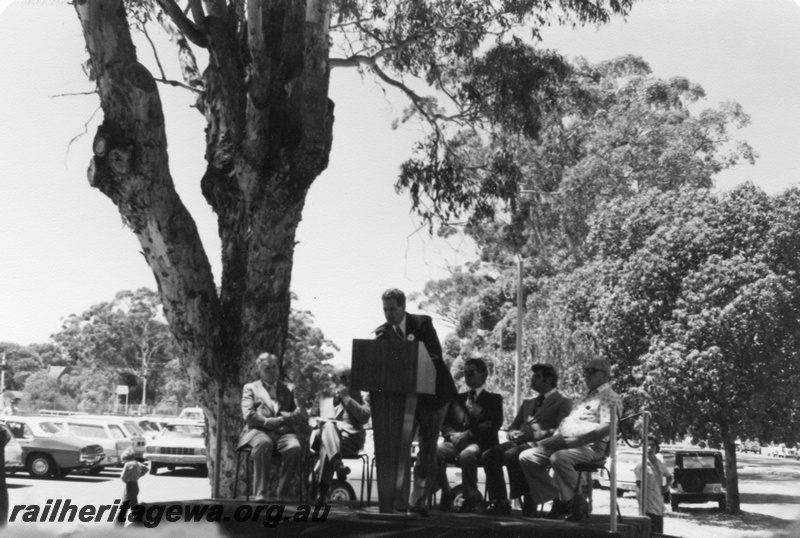 P02503
3 of 3 views of the ceremony to mark the centenary of the opening of the Fremantle to Guildford railway, Guildford, dignitaries on a dais, president of the ARHS the late Noel Zeplin at the lectern.
