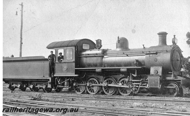 P02655
F class 367 steam locomotive, crew on footplate, side view.
