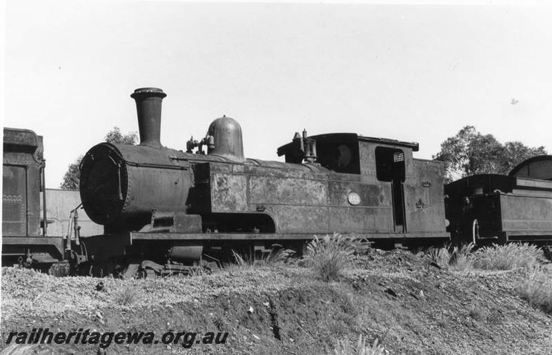 P02658
N class 201 steam locomotive, front and side view, Midland loco graveyard, c1960s.
