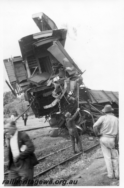 P02701
5 of 8. Rail smash at Yarloop. Impact end of brakevan from train No.21. SWR line.
