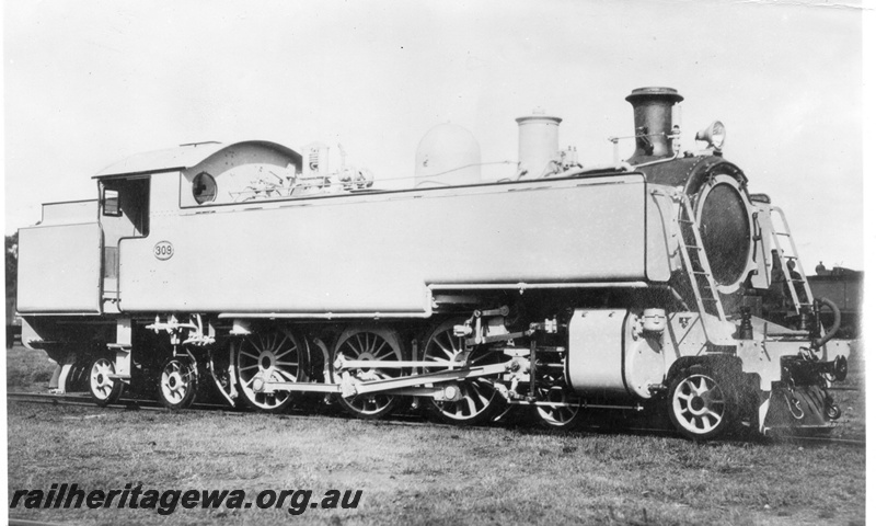 P02751
1 of 2, DM class 309 steam locomotive, side and front view, in photographic grey livery.

