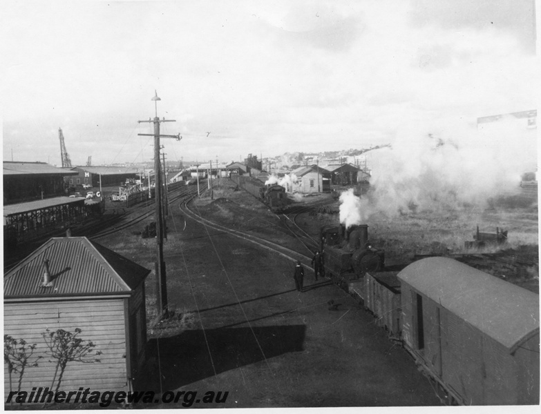 P02766
B class 185, yard, Fremantle, elevated view looking along the yard, loco shunting.

