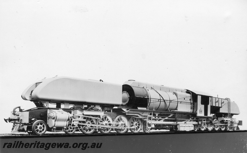 P02834
ASG class G49 Garratt articulated steam locomotive in builders grey, side view.
