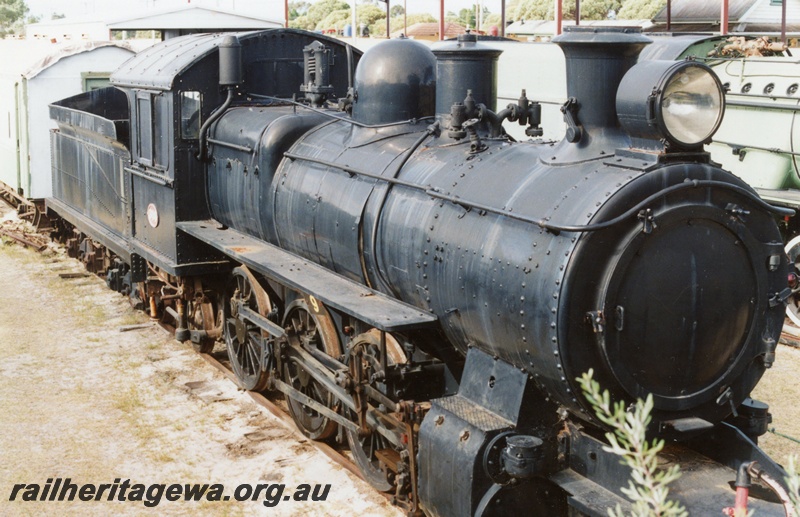 P02962
ES class 308 steam locomotive, slightly elevated side and front view, AHRS museum, Bassendean. 
