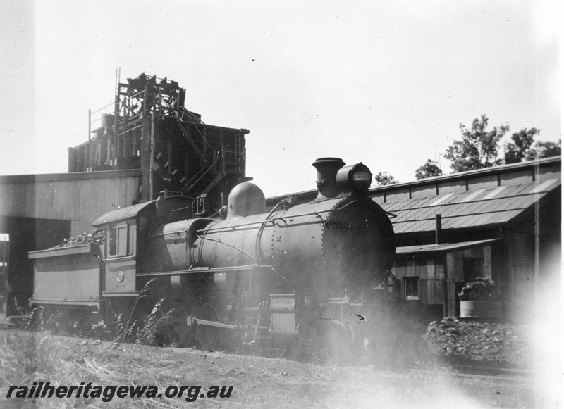 P02998
F class 280 steam locomotive, side and front view, coal stage, sheds, Collie, BN line.
