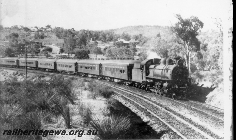 P03266
P class steam locomotive side and front view, on Up express passenger train, near Swan View, ER line.
