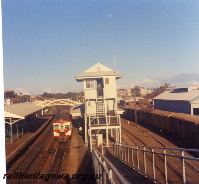 P03268
Signal box, station buildings, yard, Subiaco. Elevated view from the footbridge looking west
