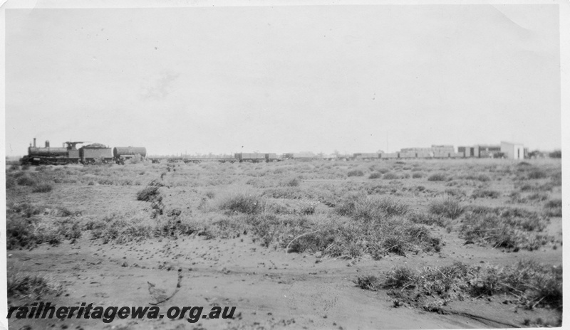 P03379
G class loco on the once weekly trip to Marble Bar from Port Hedland, PM line, photo taken from Strelly Station, c1927/28
