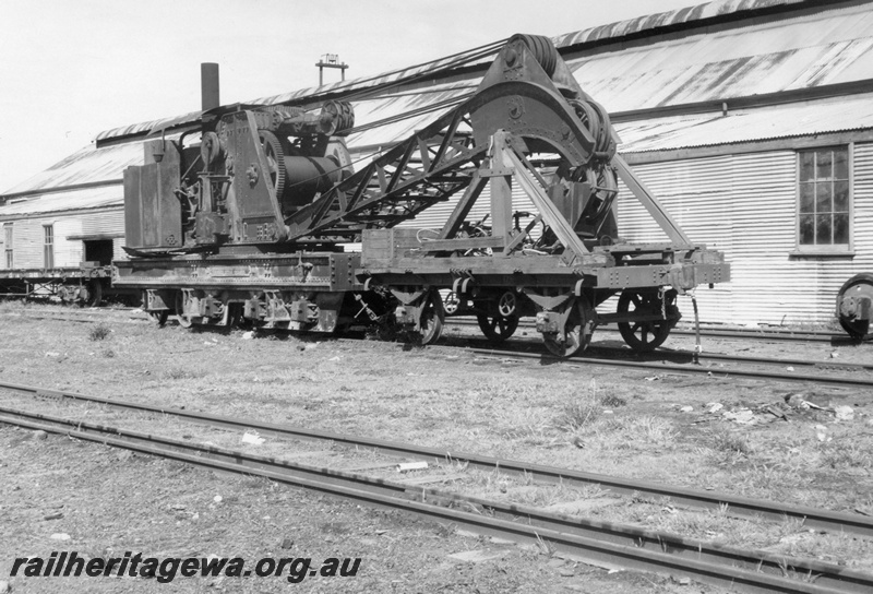 P03388
Commonwealth Railways (CR) steam breakdown crane, Parkeston, side and front view
