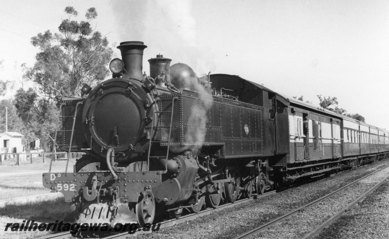 P03456
DD class 592 steam locomotive on a passenger special, brakevan immediately behind the loco, front and side view, Mundijong, SWR line.
