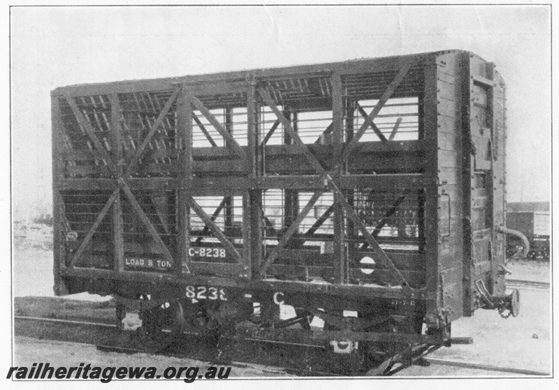 P03519
C class 8238 sheep wagon in new condition, side and end view.
