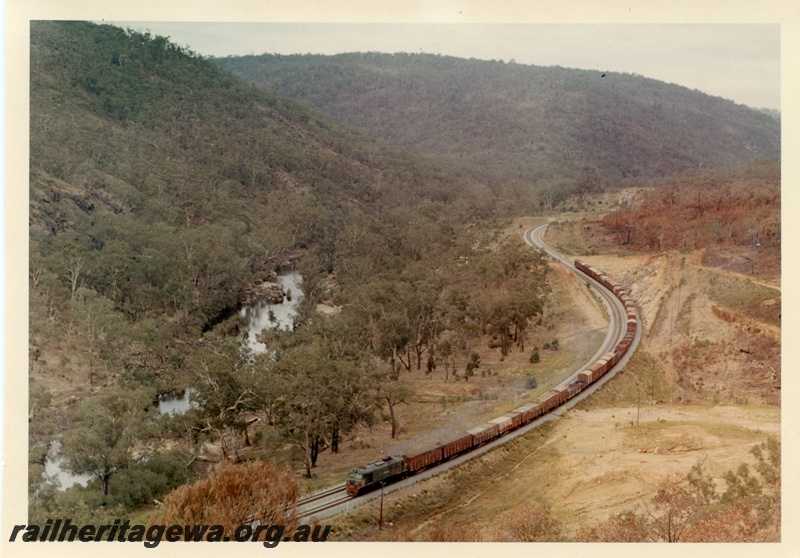 P03548
XA class loco on a Perth bound goods train on the Avon valley line, elevated view

