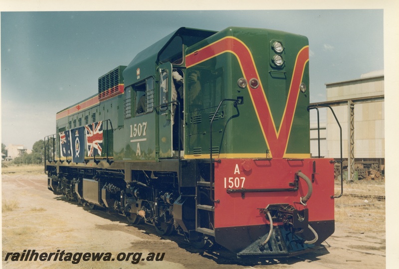 P03654
A class 1507, with Australian and British flags on side, handing over of first WA built A class, side and front view, A class 1507 entered service on the 11/12/1964
