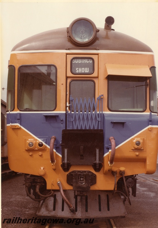 P03858
ADX Class railcar, Westrail orange with blue chevron, newly painted, front view, Midland Workshops
