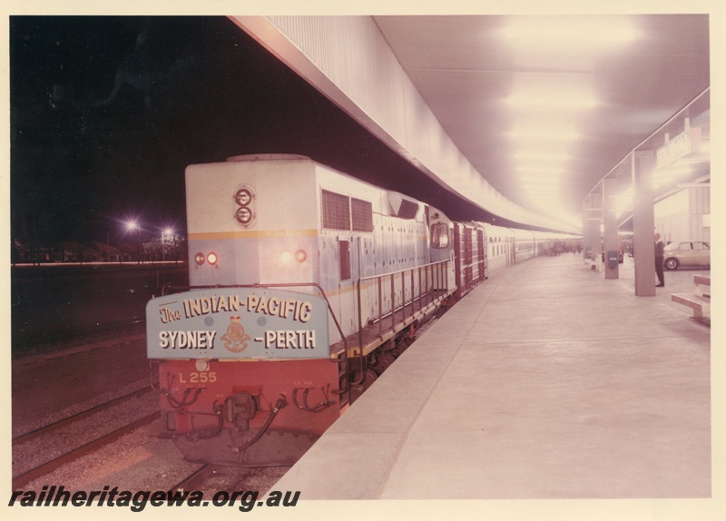 P03961
L class 255 standard gauge diesel locomotive in dark blue livery hauling the Indian Pacific, front and side view, Perth Terminal at night.
