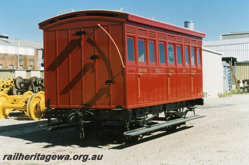 P04217
AI class 258, W.A.'s first passenger carriage restored at Midland workshops, end and side view.
