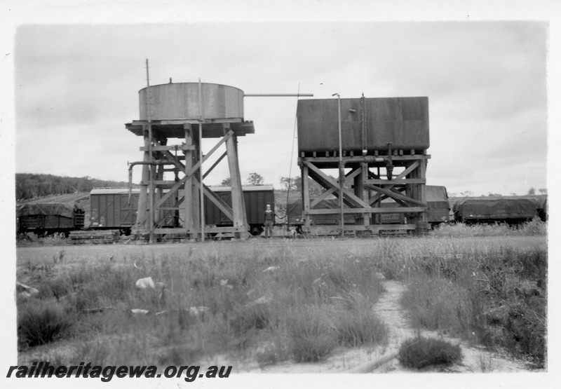 P04336
8 of 8, Two water towers, water columns, water level indicators, 10,000 gal. squatters water tank and a 25,000 gal. cast iron water tank, rolling stock in the background, Elleker, GSR line.
