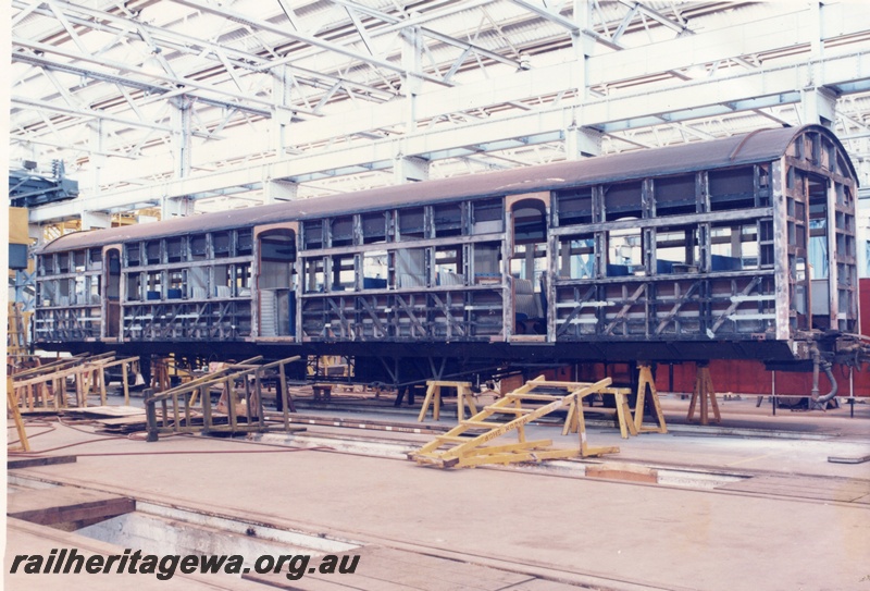 P04393
AY class carriage being renovated at Midland Workshops, showing framework.
