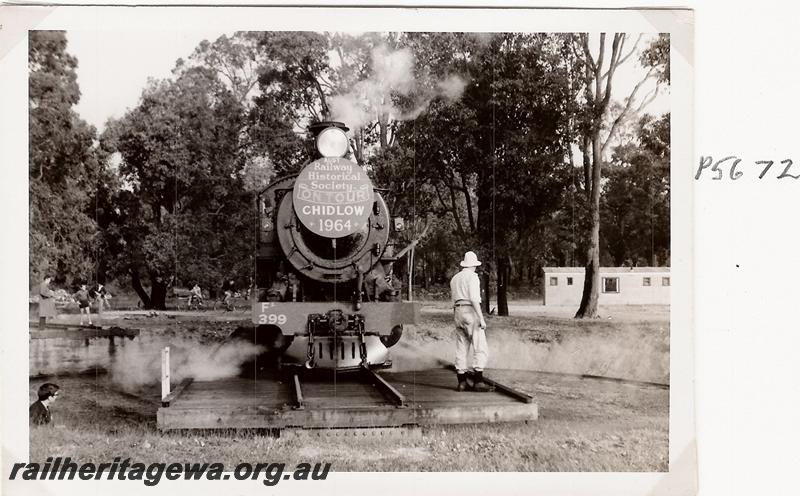 P05672
FS class 399, turntable, Chidlow, ER line, shows front edge of turntable, head on view of loco, ARHS tour train
