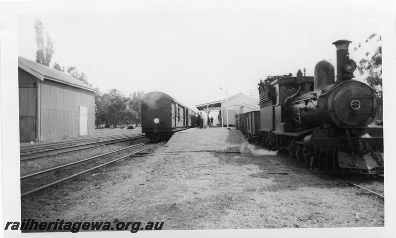 P06576
Millars loco No.58, Perth bound No.92 passenger train at platform, station buildings, goods shed, Mundijong, SWR line, Millars loco in the dock platform
