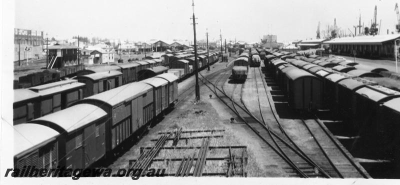 P06763
Yard, Fremantle, looking west, taken at 12.40 pm, E shed in background
