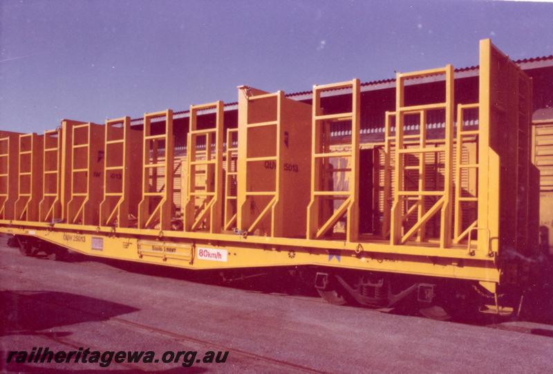 P06787
QUW class 25013, flat wagon adapted for transporting wool bales, side and end view
